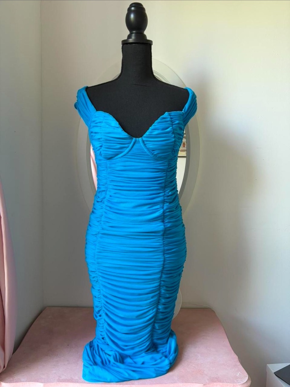 MAJORELLE Electric Blue One-Shoulder Ruched Midi Dress